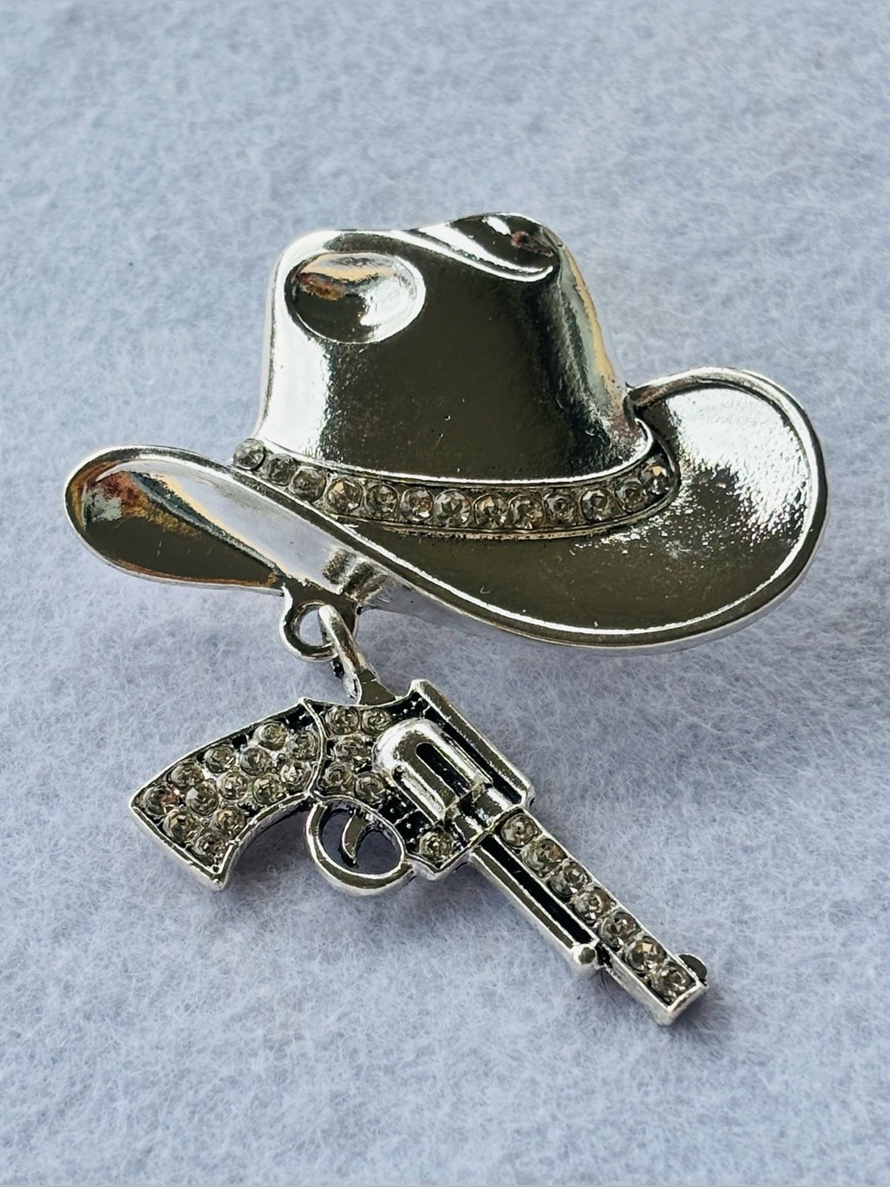Western Cowboy Hat & Revolver Dangle Brooch Silver Tone Rhinestone